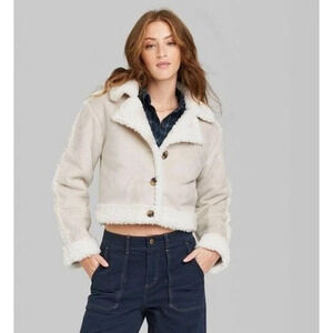 NWT Wild Fable Women’s Cropped Faux Suede Sherpa Jacket Beige Cream XXS